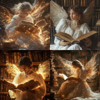 天使翻阅书籍，星系图书馆，广角镜头，高对比度，宇宙背景，暖色调，柔和侧光，静态快门，智慧表情，白色长袍，神圣氛围，深邃眼神，星光点缀，宁静。
