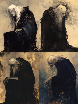 一位被岁月浸泡的长发男人，挑眼环顾若隐若现的四周，借助窗外星空那遗漏的斑光，悄然地舞动与苍穹夜幕对话的墨团，时而喃喃私语；时而仰天吁吁；时而痛苦哀嚎；时而冷汗涔涔，燥动的墨团被黑夜挤压、扭曲，仿佛整个人都随之掉进了漆黑的墨潭里。