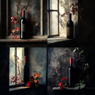 红酒瓶与鲜花，窗台，中景构图，质感，暗背景，扭曲枯木，葡萄藤，影棚灯光，高细节，8k，高清，最佳画质，静物，细腻纹理，深色调，自然元素，静谧氛围，专业摄影。