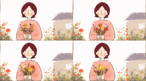 妈妈抱花盆，绘本风格，花园背景，柔和光线，中景镜头，温馨色彩，微笑表情，亲切感，自然元素，花卉细节。