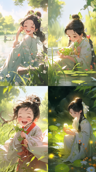 穿着汉服动漫小女孩，古风发型装饰，草地上玩，花，草，树，水，卡通动画风格，远景，开心大笑，柔和光线，自然环境，广角镜头，鲜艳色彩，欢乐情绪，细节丰富，童话氛围。