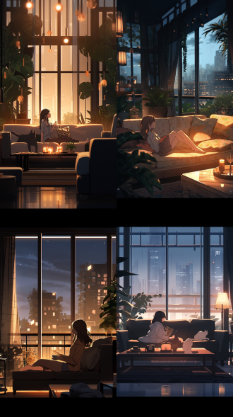 温馨宽敞的家，单身女孩背影，远景，沙发，茶几，绿植，落地窗，夜晚星空，柔和光线，暖色调，广角镜头，自然光，舒适，宁静。