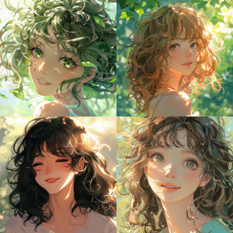 动漫女孩肖像，清纯长相，纯欲，卷发，美好梦想，漫画页，纯真，忧郁孤独，童年回忆，美丽随机图像，正面特写，清新色彩，柔和光线，微笑，自然背景，手绘风格，动态捕捉，情感表达，高清，卷发，纯欲，清新色彩，柔和光线，微笑，自然背景，手绘风格，动态捕捉，情感表达。