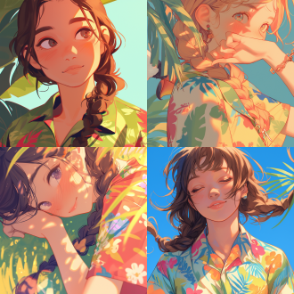 动漫女孩肖像，夏威夷衬衫，tiktok视频，欢乐气氛，动物，短袖，长辫子，四季变换，美好梦想，漫画页，纯真，忧郁孤独，童年回忆，ghailan风格，无论你走到哪里，哪吒，美丽随机图像，正面特写，鲜艳色彩，柔和光线，微笑，自然背景，手绘风格，动态捕捉，情感表达。