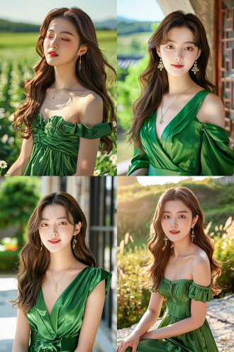 微笑女子，柔和光线，自然风景，中景，长发，温柔表情，绿色连衣裙，广角镜头，自然光，平静，温暖色调。 时尚风