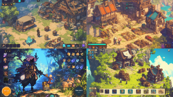 a screenshot of the ul for an rpg game, displaying equipment items on top and some character below. an "ore"button opens the item storage and thereis terrain displayed. there is also an aurabar with vanous colors representing diferent spels used in the shyle of characers. at the botom rioht comerthere are butons named "seeds, inside whih you can se sed iconsfor pants oifood. the overal style should be simple yet visualy appealing.it must have a clean design aesthetic with a white background and minimal editing of the original text