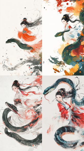 a cute chinese girl riding a snake, chinese mythology, forward posture, close-up, close-up shot,painted by wu guanzhong, icomplete faucet，cute , abstract simple lines, illustration, picasso, multi-color, advanced color matching, white background