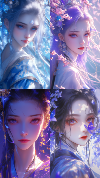 中国传统三维古风，3d渲染，oc渲染，国风美少女，绝美脸庞，怪诞童话、奇幻花园，近景特写，毛茸茸质感，景深加重，聚焦，高饱和度，超现实插画，毛茸茸的纹理，艺术性，光影加重，近景特写，居中构图，蓝紫粉色调，繁复的细节，大师级作品，多巴胺色系，高清画质。