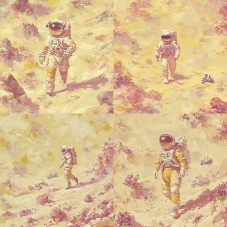 一位宇航员在火星表面行走，宇航服细节清晰，面部表情专注，火星地表红色岩石和沙尘，远处火星车和基地，科幻风格。宇航员，火星表面，红色岩石，沙尘，科幻，宇航服，专注表情，远景，火星车，基地，广角镜头，自然光，细节清晰，红色调，探索。