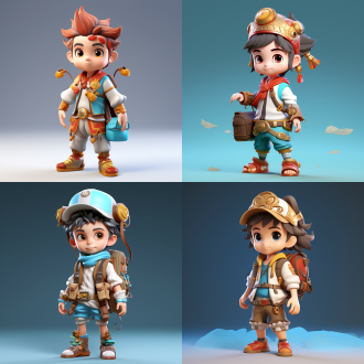 东方ip形象，螺线帽子，卡通小男孩，9岁，头身比例1:1，身高一米三，眼神认真，背着斜挎包，中国风，天空蓝，色彩鲜艳，金色和白色为辅，全身，简化拓扑，纯色背景，纯白背景，迪士尼风格，超可爱，可爱卡通+，卡哇伊，柔和色彩，未来感，赤壁，人物设计，vray渲染8k，高清，2d，popmart的2d渲染。