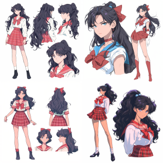 sailor moon动漫角色设计稿，红白相间水手制服，领口蓝色调，深色长发波浪状，高挑苗条，双腿分开站立，视线水平，全身拍摄，白色背景，james jean风格，平色日系插图，高分辨率，草图，角色表设计，3d演示效果，详细设计蓝图，背景白色——ar 3:4