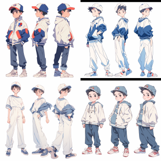 sailor moon的动漫角色设计稿，中国13岁少年，白色t恤，蓝色外套，哈伦长裤，休闲鞋，头顶双螺旋帽子，表情思考认真，自由站立，全身，短发，活泼可爱，机智类型，卡通风格，视线水平，平色日系插图，高分辨率，草图，角色表设计，3d演示效果，详细设计蓝图，背景为白色，高对比度，细节丰富，侧光，广角镜头，平滑线条，明亮色彩，专注表情，活泼姿态，设计感强，白色背景，清晰轮廓，角色特征突出，设计稿风格，3d效果，角色设计，高分辨率，卡通风格，日系插图，角色表设计，草图，设计蓝图，背景白色——ar 3:4