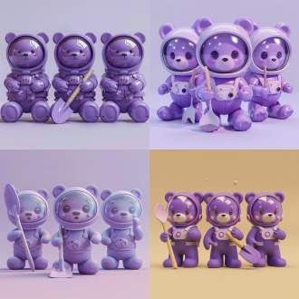 三视图，全身，正面，侧面，背面，卡通ip，紫色小熊，宇航员玻璃头盔，铲子，萌萌哒，蹲下，干净背景，pop mart，pixar，ip盲盒，粘土陶瓷材料，柔和颜色，工作室灯光，octane render，3d，c4d，超高清8k，16:9纵横比。