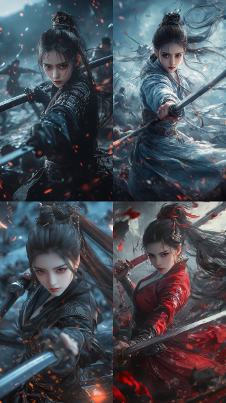 中国风女孩，战场，尸横遍野，手持双剑，全身像，游戏风格，暗色调，广角镜头，逆光，动态模糊，冷色调，坚毅表情，细节丰富，战斗姿态，紧张氛围。