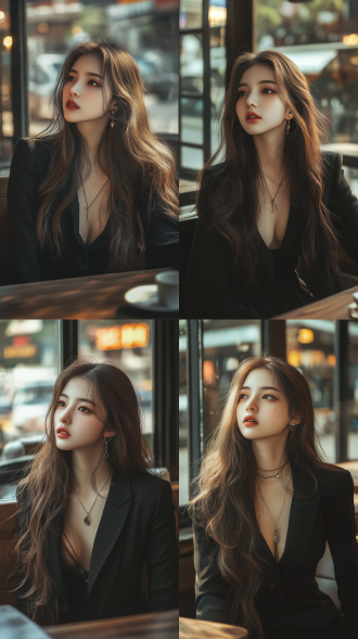 午后，长发少女，时尚装扮，淮海路咖啡馆，自然光，近景，浅景深，柔和色调，优雅，放松。