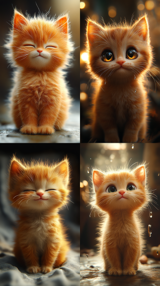小橘猫大哭，3d渲染，特写镜头，柔和光线，室内环境，暖色调，卡通风格，眼泪，悲伤表情，毛茸茸，可爱，细节丰富。