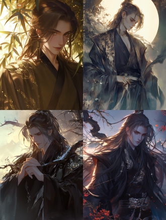 中国古代成年男性，阴柔俊美，深邃黑色眼睛，皮肤苍白，微笑，黑色衣服，魔道祖师，背景自然风光，逆光，广角镜头，柔和光线，细腻质感，神秘氛围，优雅姿态，深色调，忧郁情感。