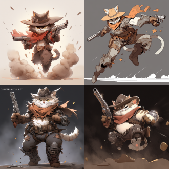 猫牛仔形象，防弹背心式护甲，飞镖套，冷峻表情，全身图，卡通化头像，蓬松毛发，真实感强，动态捕捉，广角镜头，高对比度，紧张氛围，英勇动作，大腿外侧，飞镖，卡通风格，真实质感，动态姿势，冷色调，侧光，快速快门，紧张情绪，英勇姿态。