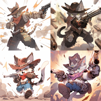 猫牛仔形象，防弹背心式护甲，飞镖套装，冷峻表情，全身图，卡通化头像，蓬松毛发，真实感强，动态捕捉，广角镜头，高对比度，紧张氛围，英勇动作，拿着飞镖。