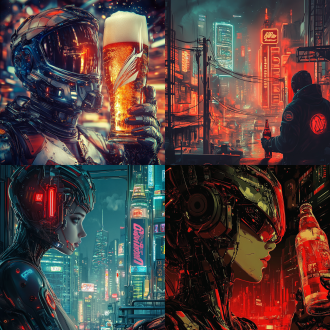 百威啤酒的创意海报，赛博朋克风，科幻色调，细节满满，主体在右侧