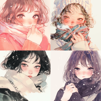 a girl,the girl with the scarf,blush,it's snowing,stroke,vangoughist,watercolor pencil,close-up,ink style