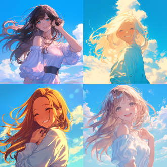 动漫漫画女孩肖像，自然天空，半身像，柔和光线，蓝天白云，长发飘逸，微笑，清新风格，中焦镜头，自然光，温暖色调，宁静，愉悦。