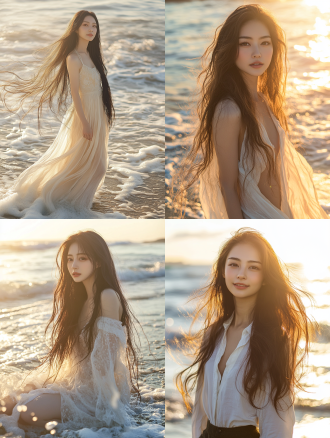 海边，漂亮日本女性，长发飘逸，大长腿，沙滩上，逆光，金色阳光，广角镜头，柔和光线，微笑，自然姿态，蓝色海水，白色浪花，温暖色调，优雅，宁静。