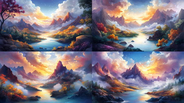 写意古风清冷感风光插画,颜色丰富