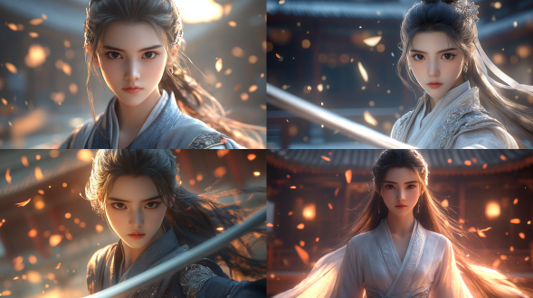 中国古装武侠，女剑客全身照，在练剑，超级高的武功，中国古代官员家院子场景，精致院子，满天飘着竹叶，8k品质，超级精细纹理，超级完美细节，极致的五官，冷俊的表情，极致的身材，顶级电影级打光，顶级电影级调色 古代 电影灯光 武侠 古剑 竹子 瓷器 迪士尼