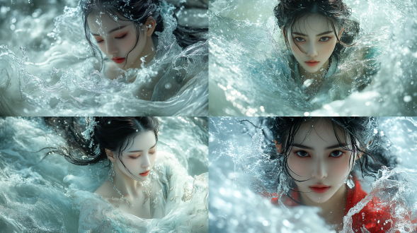 女洛神，穿着由水花变成的衣服，衣服与浪花完美融合::2，浪花洁白，全身照，中景深，头发随水流和风飘动，侧光，柔和光线，明亮的色调