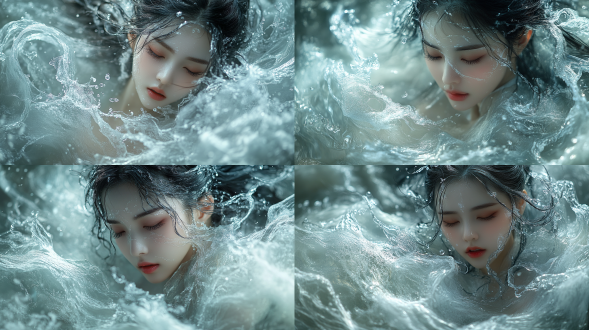 女洛神，穿着由水花变成的衣服，衣服与浪花完美融合::2，浪花洁白，全身照，中景深，头发随水流和风飘动，侧光，柔和光线，明亮的色调