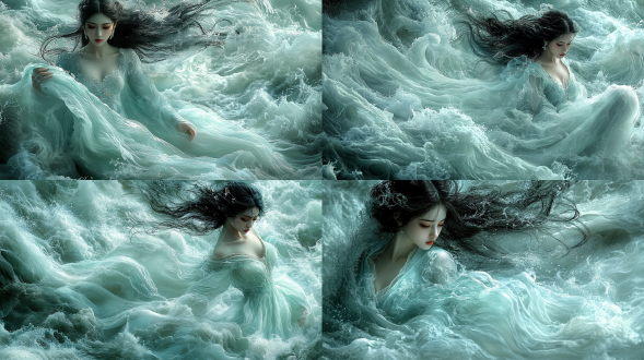 女洛神，穿着由水花变成的衣服，衣服与浪花完美融合::2，浪花洁白，全身照，中景深，头发随水流和风飘动，侧光，柔和光线，明亮的色调，白色