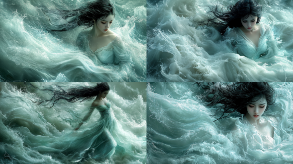 女洛神，穿着由水花变成的衣服，衣服与浪花完美融合::2，浪花洁白，全身照，中景深，头发随水流和风飘动，侧光，柔和光线，明亮的色调，白色