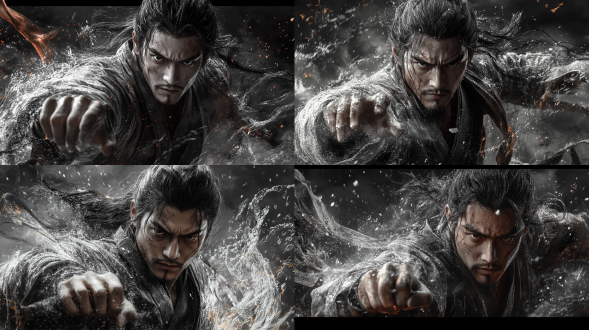 国风，古代，武侠，40岁邋遢土匪，穿着破得不成样子的衣服，一身硬朗的肌肉线条，手双挥舞着一柄唐刀，一身煞气，全身照，低饱和度，超写实风格，超多细节，胶片级画质 摄影纪实 oc渲染器 电影风格 照片写实 黑 半身 电影灯光 武侠