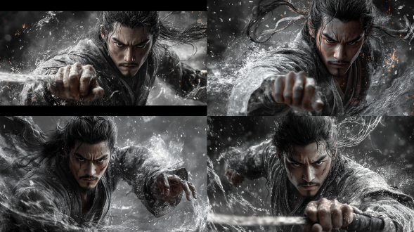 国风，古代，武侠，40岁邋遢土匪，穿着破得不成样子的衣服，一身硬朗的肌肉线条，手双挥舞着一柄唐刀，一身煞气，全身照，低饱和度，超写实风格，超多细节，胶片级画质 摄影纪实 oc渲染器 电影风格 照片写实 黑 半身 电影灯光 武侠