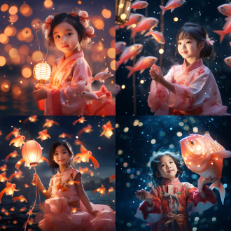 温暖笑容治愈的小女孩，中国式发型，手拿七彩飞鱼灯，粉红色国风裙子，漫天星光，大鱼海棠背景，对称构图，柔和光线，广角镜头，梦幻氛围，细腻质感，温暖色调，宁静，希望。