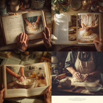 "vintage photo album, warm morning kitchen, elderly mother's hands kneading dough, soft golden light, nostalgic filter, generational love, timeless maternal care"