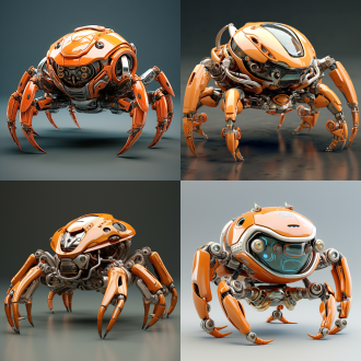 未来感机械螃蟹，四条刀锋状腿，众多部件，动漫质感，q版梦幻，暖橘色调，温馨唯美，对称布局，柔和光线，广角镜头，细节丰富，可爱表情，科技感，温暖氛围。