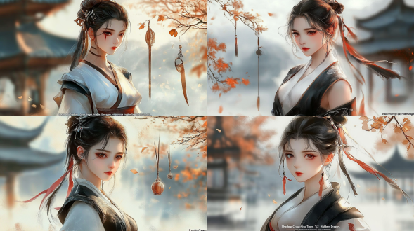 侠女大女主头像设计描述 1. 整体风格：新国风武侠插画，融合水墨质感与动态光影，背景融入若隐若现的山峦云雾。 2. 人物特征 · 发型：高马尾+编发侠客髻，黑发间穿插暗红发带，飘带随动作扬起 · 眼神：冷冽琥珀色瞳孔，眼尾一抹朱砂红，半眯眼睥睨视角 · 服饰：不对称设计，左肩玄铁护甲+右臂鲛绡广袖，腰间悬鎏金酒葫芦 · 武器：侧后方悬浮三柄形态各异的剑（柳叶剑/唐横刀/软刃） 3. 氛围细节 · 面部光效：左脸月光冷调/右脸灯笼暖光 · 动态元素：耳畔飞散的银杏金叶+正在瓦解的青铜暗器 · 气场表现：内力具象化为半透明龙形气劲缠绕手臂 4. 色彩方案： 主色调：玄青+月白+赤金 强调色：凝红（点缀在眉心/指尖/武器纹路） 建议使用厚涂技法，重点刻画金属与织物的碰撞感，可参考《影》的构图张力与《卧虎藏龙》的意境表达。需要突出人物亦正亦邪的复杂层次感，避免过于甜美的传统女侠造型。