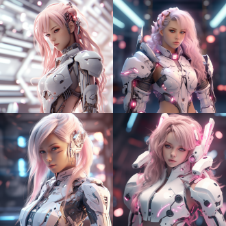 美丽的动漫女性，粉色螺旋双马尾，五官温婉可人，科幻机甲风，白色调，白色科幻战甲，半透明皮肤，身材火辣，简单科幻背景，软光，冷色调，中景全身，正视视角，科技光，三分线构图，塞博彭克风，大师级画质，壁纸级画面，8k，细节细腻，优雅姿态，超现实主义。