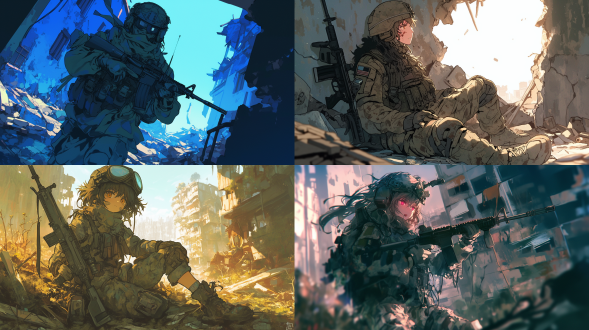 80年代军事风，末日风，全身像，场景图，废墟中，迷彩服，面容坚毅，手持步枪，广角镜头，低角度，逆光，高对比度，冷色调，紧张，决心。