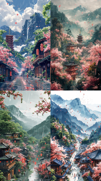 清明节海报，春雨中绿树青山樱花盛，人物着传统服饰手持鲜花祭祖，纸鸢点缀，俯瞰，梵高画风，平涂，阴天，绿色主调，宁静。