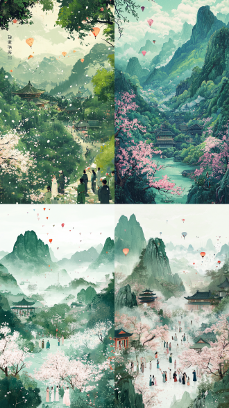 元旦海报，绿树青山樱花盛于春雨，人物传统服饰持花祭祖，纸鸢点缀，俯瞰构图，梵高画风平涂，阴天，绿色主调，宁静。
