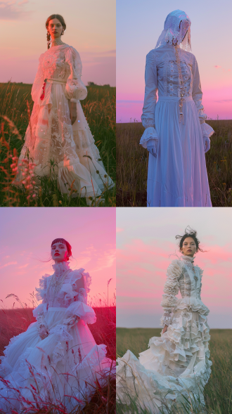 a portrait of an extraordinary woman dressed in a semi- white futurist medieval dress. at dusk, she stands in the center of a grassy field, with a pink sky above. she is adorned with a shimmering crystal necklace. the photograph is styled in the tim walker style, inspired by natalia rak. it is a futuristic, ethereal fashion editorial photograph with cinematic lighting and a surrealistic style.,,in clothes