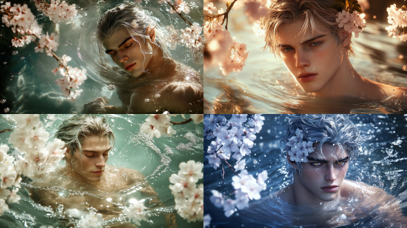 古希腊男神游泳，樱花雨环绕，池塘，精致空灵，富丽堂皇，银金发，半透明，水光闪耀，苍白皮肤，内部发光，有胸肌，水天融合，翻滚旋转，深邃金棕眼，好奇平静，高对比度，柔和光线，广角镜头，自然环境，动态模糊，梦幻色彩，神秘情感。