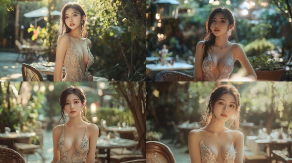 中国年轻22岁女性，花园，大长腿，低胸晚礼服，御姐风，高跟鞋，精致妆容，时尚风格，高档餐厅，优雅布局，柔和灯光，长焦镜头，浅景深，侧光，自信微笑，奢华装饰，暖色调，魅力四射。