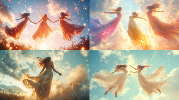 仙女飞翔，天空背景，柔和光线，长裙飘逸，微笑表情，仙丹闪光，仰视角度，超广角镜头，高饱和度，梦幻氛围，神秘感。