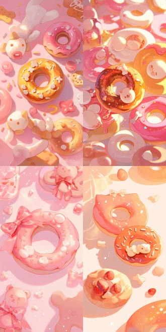 灰粉色背景，甜甜圈，小骨头，小饼干，蝴蝶结，中心构图，柔和光线，温暖色调，微距镜头，浅景深，甜美，可爱。