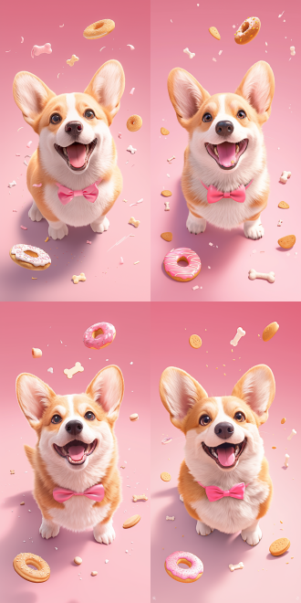 柯基宝宝张嘴笑，灰粉色背景，甜甜圈小骨头小饼干蝴蝶结，圆形构图，柔和光线，浅景深，可爱风格，暖色调，广角镜头，正面视角，欢乐氛围。