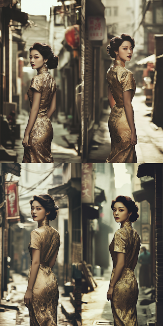 20世纪30年代老上海街道，怀旧电影海报风，穿旗袍的女人背影，女人在走路，街道两侧老式建筑，复古色调，长焦镜头，柔和侧光，慢快门，优雅，怀旧，神秘。